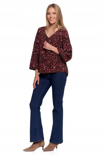 Koszula Damska Bluzka z Bufiastymi Rękawami w Kwiatki BORDOWY MORAJ - M na Arena.pl