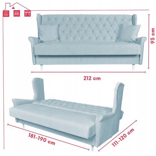 Sofa niebieska błękitna 3 osobowa WERSALKA welurowa uszak GAJA na Arena.pl