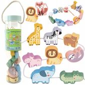 ZESTAW DREWNIANE KLOCKI PRZEPLATANKA DO NAWLEKANIA FIGURKI ZWIERZĘTA ZOO