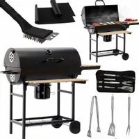 GRILL OGRODOWY GRIL WĘGLOWY Z POKRYWĄ Z PÓŁKAMI ZAMYKANY BECZKA POPIELNIK