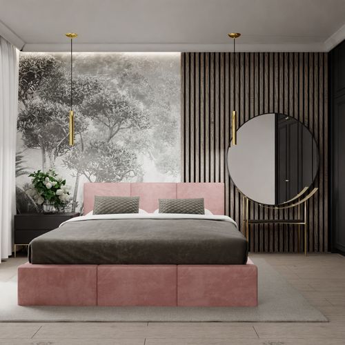 ŁÓŻKO TAPICEROWANE DO SYPIALNI 160x200 ŁÓŻKO PODWÓJNE Z POJEMNIKIEM RÓŻOWE na Arena.pl