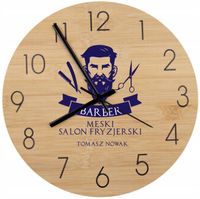 Bambusowy ZEGAR ścienny nadruk UV dla barbera fryzjera + nazwa firmy