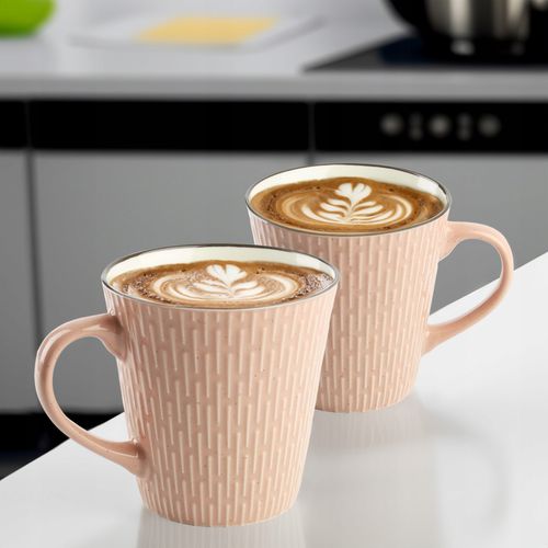 CERAMICZNY KUBEK NA KAWĘ HERBATĘ RÓŻOWY ZDOBIONY WE WZÓR KRESKI 370 ML na Arena.pl