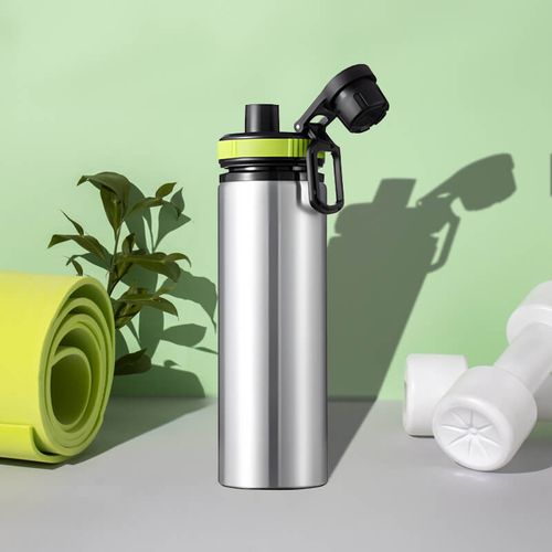 Srebrny bidon 850 ml - z rączką i zamykanym ustnikiem - z Twoim nadrukiem - zielona opaska na Arena.pl