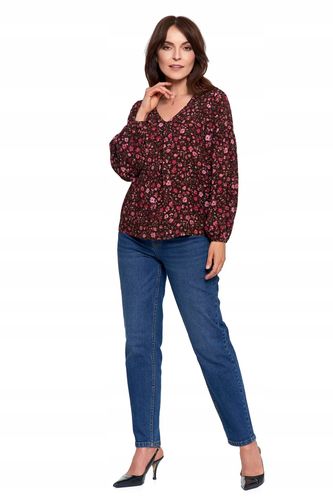 Koszula Damska Bluzka z Bufiastymi Rękawami w Kwiatki BORDOWY MORAJ - M na Arena.pl