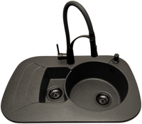 Zlewozmywak 1,5 komorowy z ociekaczem VIGEN  grafit z lewym ociekaczem + bateria NEXO + dozownik