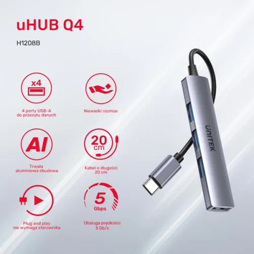 Unitek Hub USB-C 1*USB-A 5 Gbps, 3*USB-A 2.0 alu na Arena.pl