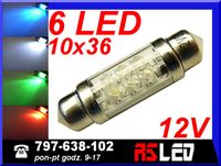 żarówka 6 LED rurkowa 10x36 mm c5w wnętrza 36 mm 12v KOLORY