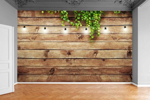 Fototapeta ZIELONE LIŚCIE DREWNIANE DESKI 200x130 na Arena.pl