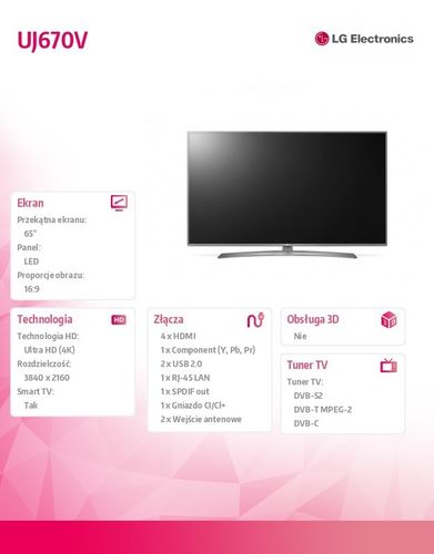 LG Electronics Telewizor 65 LED 65UJ670V na Arena.pl