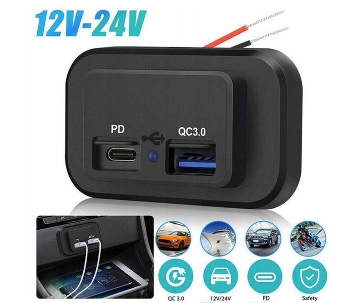 Ładowarka samochodowa do zabudowy 12V USB QC3.0; USB-C PD 3.0 zdjęcie 4