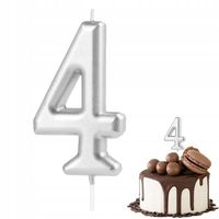 ŚWIECZKA URODZINOWA CYFERKA 4 SREBRNA METALICZNA NA IMPREZĘ URODZINOWĄ