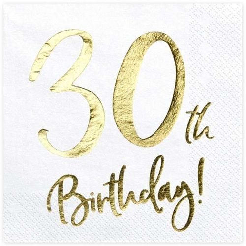 Serwetki "30 Urodziny - 30th Birthday", PartyDeco, białe, 33 cm, 20 szt na Arena.pl