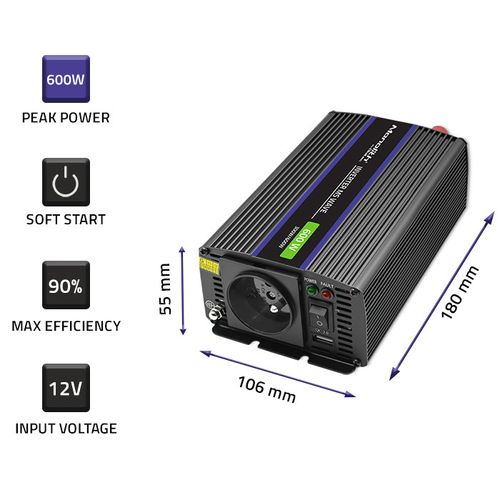 Qoltec Przetwornica napięcia Monolith 600 MS Wave | 12V na 230V | 300/600W | USB na Arena.pl
