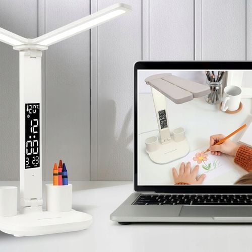 PODWÓJNA LAMPKA BIURKOWA LED Z WYŚWIETLACZEM ZEGAR ORGANIZER TEMP. na Arena.pl