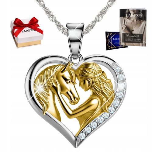Naszyjnik Srebrny Serce Dziewczynka z Koniem Złoty Koń Cyrkonie SREBRO 925 na Arena.pl