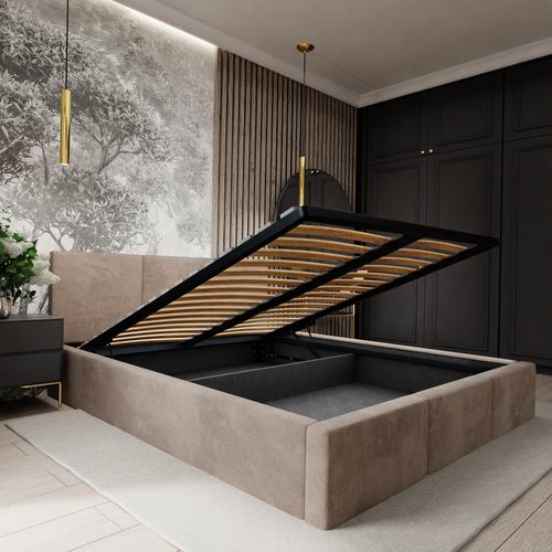 ŁÓŻKO TAPICEROWANE DO SYPIALNI 180x200 ŁÓŻKO PODWÓJNE Z POJEMNIKIEM BEŻOWE na Arena.pl