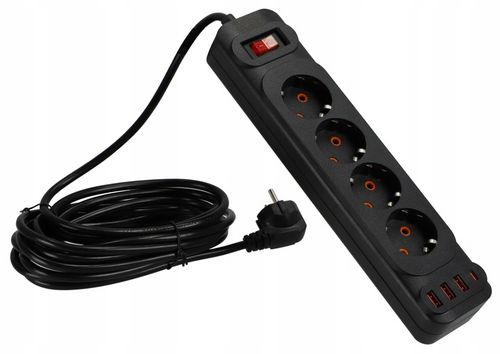 Przedłużacz Listwa Zasilająca Sieciowa 4 Gniazda 230V 5M 4x USB A na Arena.pl