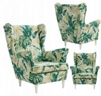Fotel uszak skandynawski tropical monstera zielony welur Print Family Meble