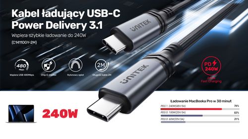 Unitek Przewód Kabel USB-C do USB-C C14110GY-2M 240 W na Arena.pl