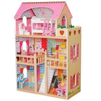 DOMEK DLA LALEK DREWNIANY LED XXXL 60x33x90CM + 3 LALKI + 2 ZWIERZĄTKA