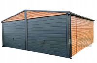 GARAŻ BLASZANY 6m x 6m poziom - dwuspad 2x Brama - jasny orzech + antracyt - drzwi dodatkowe BOX99 6x6