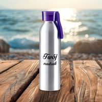 Srebrny bidon 650 ml z Twoim nadrukiem z fioletową nakrętką