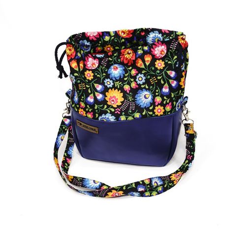 Torebka Sakiewka Granatowa z Motywem Ludowych Kwiatów – Handmade na Arena.pl