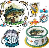 ZESTAW OPŁATEK NA TORT 20CM + 17 POSTACI - RYBY HOBBY + IMIĘ 15CM 18CM
