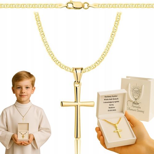 ZŁOTY ŁAŃCUSZEK NA CHRZEST CHRZCINY PAMIĄTKA Z KRZYŻYKIEM 585 925 + GRAWER na Arena.pl