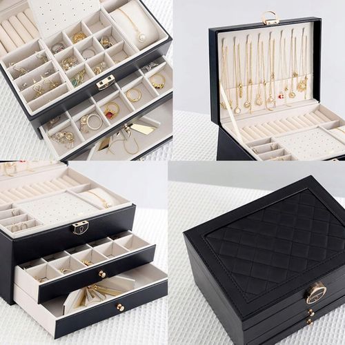 SZKATUŁKA NA BIŻUTERIE Z SZUFLADKAMI CZARNA ORGANIZER TRZY POZIOMY na Arena.pl