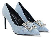 Jeansowe błękitne szpilki damskie z Klamrą 41