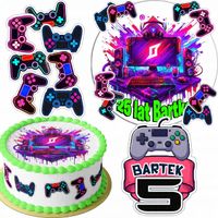 ZESTAW OPŁATEK NA TORT 20CM + 16 POSTACI - GAMER PAD GRY + IMIĘ 15CM 18CM