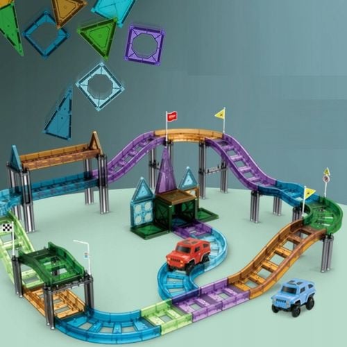 KLOCKI MAGNETYCZNE DLA DZIECI EDUKACYJNE PANELE KOLEJKA TOR + 2 AUTKA 59 EL na Arena.pl