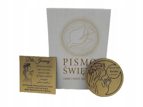 PISMO ŚWIĘTE NA KOMUNIĘ BIBLIA Z GRAWEREM PAMIĄTKA PIERWSZEJ KOMUNII CHRZTU na Arena.pl