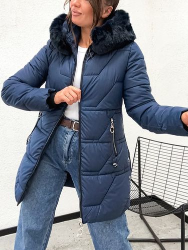 Ciepła zimowa długa kurtka damska pikowana granat 8377 roz S na Arena.pl