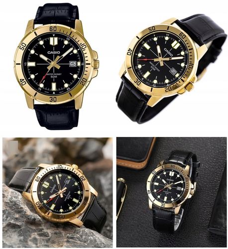 ZEGAREK MĘSKI CASIO MTP-VD01 skórzany datownik czarny + BOX +GRAWER na Arena.pl