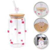 szklanka, różowe kokardki z cyrkoniami - z rurką i bambusową  460 ml