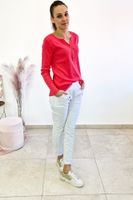 Koralowa Bluzka Damska Prążkowana z Guzikami Długi Rękaw UNI