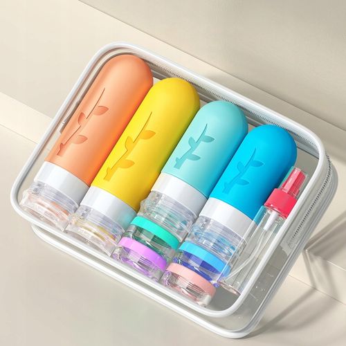 KOSMETYCZKA PODRÓŻNA POJEMNIKI DO SAMOLOTU BUTELKI ZESTAW 19 EL. Z SUWAKIEM na Arena.pl