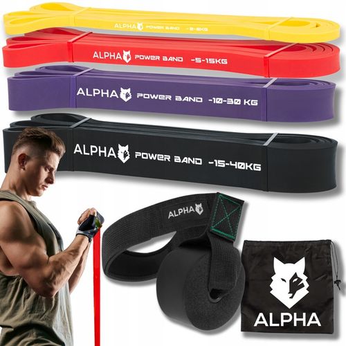 Zestaw 4 Gum Oporowych do Ćwiczeń z Uchwytem Gratis - Power Band ALPHA na Arena.pl