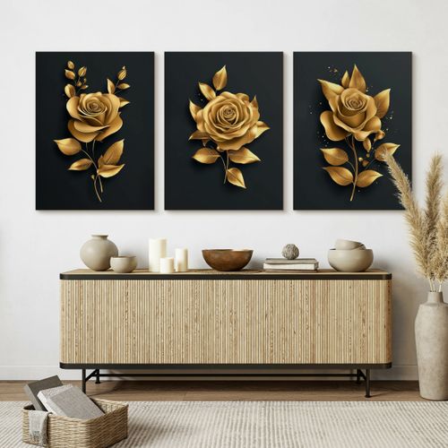 Obrazy Do Sypialni Set Złote Róże Kwiaty Glamour Abstrakcja 90cm x 40cm na Arena.pl