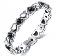 pierścionek obrączka czarne serduszka cyrkonie srebro rozm. 11