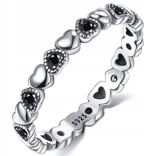 pierścionek obrączka czarne serduszka cyrkonie srebro rozm. 11 zdjęcie 1