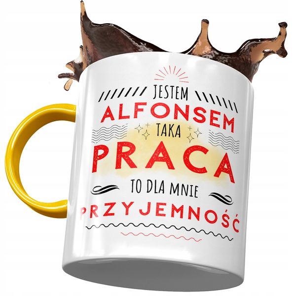 Kubek Żółty Dla Alfonsa Praca To Przyjemność Z Nadrukiem Ze Zdjęciem zdjęcie 1