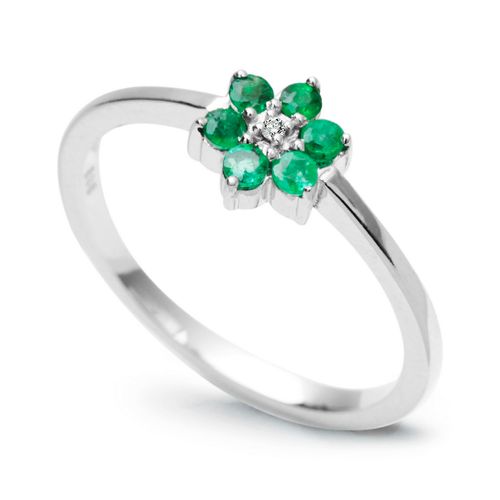 śliczny pierścionek kwiatek ze szmaragdami i diamentem w białym złocie na Arena.pl