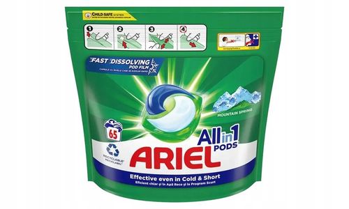 KAPSUŁKI DO PRANIA BIAŁEGO ARIEL MOUNTAIN SPRING ALLIN1 PODS 65 PRAŃ na Arena.pl