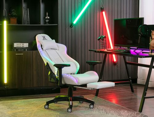 FOTEL GAMINGOWY BIUROWY WYGODNY KRZESŁO GRACZA OBROTOWY +RGB LED I PODNÓŻEK na Arena.pl