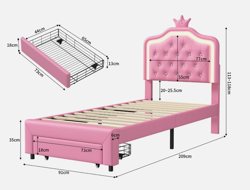 Łóżko tapicerowane dla dziecka 90x200 cm różowe z LED na Arena.pl