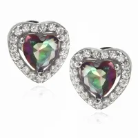 Eleganckie rodowane srebrne kolczyki serca serduszka tęczowy topaz cyrkonie
